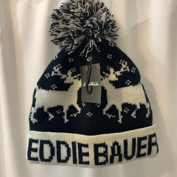 Eddie Bauer Accessories - Eddie Bauer black and white reindeer beanie with Pom Pom